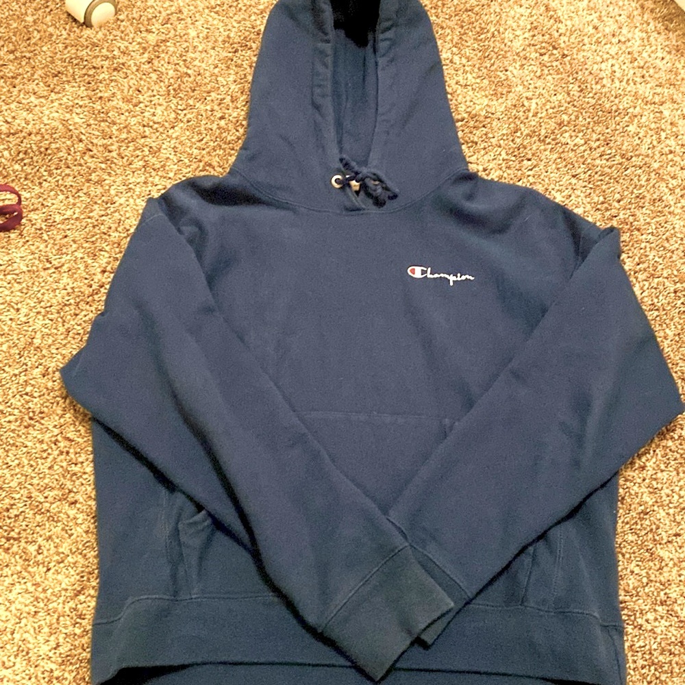 Dark blue champion sweater has a stain on the front size large